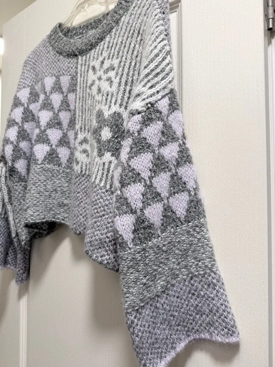 Sincerely Jules Cropped Patchwork Knit Sweater in Gray and Light Purple - Picture 3 of 7